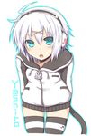  arms_behind_back cat_tail character_name green_eyes headphones lockheart looking_at_viewer open_mouth original short_hair silver_hair simple_background solo striped striped_legwear tail thighhighs white_background yashiro_(lockheart) 
