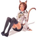  animal_ears arm_support black_legwear brown_hair cat_ears cat_tail facial_mark final_fantasy final_fantasy_xi forehead_mark headband mithra shadow sitting solo tail takatsuki_kahiro thighhighs white_background 