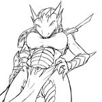  breasts clothed clothing dragonborn dungeons_&amp;_dragons female hand_on_hip line_art loincloth looking_down low-angle_shot monochrome sildre skimpy solo upskirt worm's-eye_view 