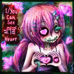 1girl black_sclera hair_ornament hairclip heart heart-shaped_pupils highres monster monster_girl original pink_eyes pink_hair ray-k ribbon solo stitched_mouth symbol-shaped_pupils 