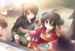  alastor_(shakugan_no_shana) alternate_hairstyle black_hair blush bowl brown_eyes brown_hair candy_apple double_bun food goldfish_scooping hair_bun hair_ribbon holding japanese_clothes jewelry kimono multiple_girls pendant ribbon shakugan_no_shana shana squatting tachitsu_teto yoshida_kazumi yukata 