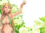  arm_up blonde_hair breasts bridal_gauntlets cleavage copyright_request elf flower green_eyes hair_flower hair_ornament large_breasts long_hair navel pointy_ears solo takatsuki_kahiro 