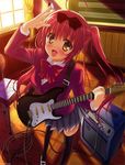  :d absurdres amakusa_tobari amplifier black_legwear blush bow chair classroom curtains guitar highres holding indoors instrument long_hair looking_at_viewer open_mouth original plectrum red_hair scan school_uniform sheet_music shoes smile solo sunlight thighhighs twintails uwabaki window yellow_eyes zettai_ryouiki 