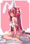  animal_ears barefoot blush breasts bunny_ears di_gi_charat from_behind hair_cubes hair_ornament large_breasts looking_at_viewer looking_back no_panties red_eyes red_hair saiste sitting smile solo usada_hikaru wariza 