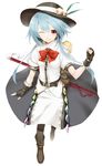  ;) bad_id bad_pixiv_id blue_hair boots fingerless_gloves frog full_body gloves grin hat hat_ribbon hinanawi_tenshi looking_at_viewer one_eye_closed red_eyes ribbon sheath sheathed short_hair simple_background smile solo sword takemori_shintarou touhou weapon white_background 