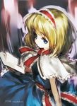  alice_margatroid atsuki bad_id bad_pixiv_id blonde_hair blue_eyes book capelet hairband highres open_mouth sash short_hair solo touhou 