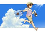  bag barefoot bear blouse brown_hair cloud day digital_media_player earbuds earphones feet hat holding holding_shoes ipod kouplus original running shoes short_hair shorts sky sweat 