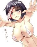  black_hair breasts cleavage collarbone covered_nipples fingernails glowing glowing_eyes grey_eyes highres large_breasts md5_mismatch miyako_yoshika nakajou ofuda outstretched_arms sharp_fingernails short_hair slingshot_swimsuit solo sweat swimsuit touhou white_background zombie_pose 