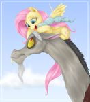  cloud clouds couple cutie_mark discord_(mlp) draconequus equine fangs female feral fluttershy_(mlp) friendship_is_magic hair horse male mammal mn27 my_little_pony outside pegasus pink_hair pony red_eyes sky smile wings 