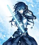  androgynous armor bad_id bad_pixiv_id black_hair blue_eyes dual_wielding energy_sword fingerless_gloves gloves gun highres holding kirito kirito_(sao-ggo) long_hair machi_fuka male_focus otoko_no_ko revision solo sword sword_art_online weapon 