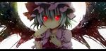  ascot blue_hair glowing glowing_eyes hand_on_own_cheek hat hat_ribbon hinase_haruka letterboxed looking_at_viewer red_eyes remilia_scarlet ribbon short_sleeves smile solo touhou wings wrist_cuffs 