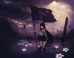  8c bad_id bad_pixiv_id black_hair blue_eyes bug butterfly cloud flag flower insect katana long_hair original polearm ruins school_uniform serafuku skirt socks solo spear sunlight sword very_long_hair water weapon 