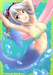  :d armpits arms_up idolmaster idolmaster_cinderella_girls kanzaki_ranko kirisaki_byakko mermaid monster_girl monsterification open_mouth pink_eyes shell shell_bikini short_hair silver_hair smile solo twintails 