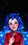  1girl absurdres artist_name blue_eyes blue_hair breasts commentary commentary_request dress english_commentary eyelashes grin hand_on_own_chest highres lipstick long_sleeves looking_to_the_side makeup medium_breasts parted_lips red_dress red_lipstick short_hair sky smile solo star_(sky) stardew_valley starry_sky teeth yanting_sun 