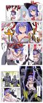  4koma blush breasts comic hat highres jeno medium_breasts nagae_iku open_mouth panties panties_under_pantyhose pantyhose purple_hair red_eyes saturday_night_fever short_hair thighband_pantyhose touhou translated underwear undressing wings 