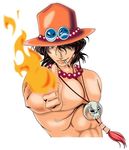  1boy cigarette fire hair_over_one_eye hat jewelry looking_at_viewer male male_focus muscle necklace one_piece pointing portgas_d_ace sad_face simple_background smiley smiley_face solo topless 