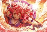  breasts cleavage hair_bobbles hair_ornament large_breasts namisaki_yuka onozuka_komachi red_eyes red_hair scythe short_hair skirt solo touhou two_side_up 