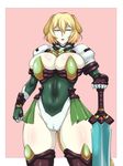  1girl animal_ears armor black_beat blonde_hair blue_eyes bodysuit breast_rest breast_suppress breasts cameltoe character_request curvy gloves highres hips holding huge_breasts leotard mature mole navel pale pale_skin short_hair solo standing sword thick_thighs thighs tight tight_clothes weapon wide_hips 