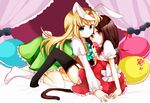  :3 animal_ears bad_id bad_pixiv_id blonde_hair brown_hair bunny_ears bunny_tail cat_ears cat_tail dress food green_eyes highres ib ib_(ib) long_hair macaron mary_(ib) multiple_girls noki_(potekoro) red_eyes tail 