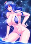 alternate_hair_length alternate_hairstyle blue_hair breasts contrapposto hair_ornament hand_on_hip hand_on_thigh huge_breasts long_hair navel parted_lips red_eyes sky slingshot_swimsuit smile snappop solo standing star_(sky) starry_sky swimsuit thighs touhou wading water yasaka_kanako 