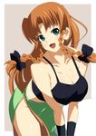  bare_legs bare_shoulders bow braid breasts cleavage green_eyes hair_bow hong_meiling large_breasts leaning_forward long_hair no_hat no_headwear no_shirt open_mouth red_eyes shin'ya_(nanp) side_slit simple_background smile solo sports_bra touhou twin_braids 