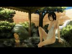  bath black_hair blonde_hair breasts brown_eyes bush closed_eyes covering fence hair_bun highres large_breasts multiple_girls nude nude_cover onsen original reflection sakais3211 sideboob sitting smile towel tree water 