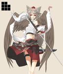  animal_ears bad_id bad_pixiv_id bird_wings detached_sleeves hat highres inubashiri_momiji knife open_mouth red_eyes seu_kaname short_hair silver_hair solo sword tail tokin_hat touhou weapon wide_sleeves wings wolf_ears wolf_tail 