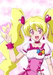  \m/ blonde_hair cellphone choker cure_peach dress earrings fresh_precure! hair_ornament heart jewelry long_hair looking_at_viewer magical_girl marimon_m momozono_love open_mouth phone pink_dress pink_eyes precure ribbon smile solo standing twintails wrist_cuffs 