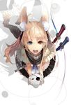  absurdres animal_ears blonde_hair blue_eyes bunny_ears heterochromia highres long_hair nil open_mouth original red_eyes revision ribbon scarf simple_background skirt solo sword weapon 