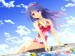  breasts casual_one-piece_swimsuit cleavage cloud collarbone cosmos_(flower) day floral_print flower hairband kobayashi_chisato long_hair medium_breasts one-piece_swimsuit original purple_eyes purple_hair sky solo swimsuit water wind 
