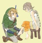 1girl anklet bad_id bad_pixiv_id barefoot blonde_hair blue_eyes brown_hair capri_pants chair earrings feet gloves hat holding_another's_foot ilia_(zelda) jewelry link one_knee pants pointy_ears shield short_hair sitting sword the_legend_of_zelda the_legend_of_zelda:_twilight_princess weapon yo_mo 