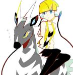  bare_shoulders blonde_hair blue_eyes carrying gen_5_pokemon gym_leader kamitsure_(pokemon) pantyhose pokemon pokemon_(creature) pokemon_(game) pokemon_bw riding short_hair shouji_ni_nanshi sitting zebstrika 