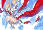  2d blonde_hair blue_eyes dragon_girl dragon_tail dragon_wings gauntlets hair_ribbon holding long_hair looking_at_viewer monster_girl original parted_lips ribbon sandals solo sword tail weapon wings 