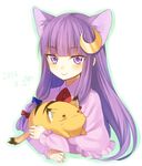  :3 =_= animal_ears blush blush_stickers borrowed_character bow cat cat_ears crescent crescent_hair_ornament hair_bow hair_ornament holding kuzuneko long_hair looking_at_viewer midorikawa_you no_hat no_headwear original patchouli_knowledge purple_eyes purple_hair smile solo touhou 