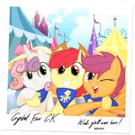  apple_bloom_(mlp) applebloom_(mlp) cheer cub cutie_mark cutie_mark_crusaders_(mlp) equestria-prevails equine female feral friendship_is_magic hair hat horn horse mammal my_little_pony pegasus pony red_hair scootaloo_(mlp) smile sweetie_belle_(mlp) tent unicorn wings young 
