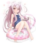  akino_coto animal_ears ball barefoot beachball blush cat_ears cat_tail goggles goggles_on_head grey_hair highres innertube long_hair md5_mismatch multiple_tails one-piece_swimsuit original pink_eyes pink_hair pout school_swimsuit solo swimsuit tail 