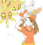  bandana brown_eyes brown_hair drawr gen_3_pokemon gloves haruka_(pokemon) hot mudkip pokemon pokemon_(creature) pokemon_(game) pokemon_rse shouji_ni_nanshi simple_background solrock sweatdrop 