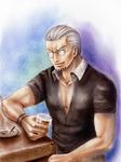  1boy ashtray black_shirt cigarette facial_hair glass glasses grey_hair looking_at_viewer male male_focus one_piece open_collar shirt silvers_rayleigh sitting smoke solo table tattoo 