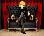  absurdres ahoge armband artoria_pendragon_(all) black_legwear blonde_hair couch crossed_legs fate/zero fate_(series) feet green_eyes hair_ribbon highres jewelry jpeg_artifacts kissbaby looking_at_viewer military military_uniform nazi pantyhose ribbon ring saber shoes single_shoe sitting solo swastika thighband_pantyhose uniform 