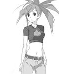  asuna_(pokemon) belt breasts denim drawr greyscale gym_leader jeans long_hair medium_breasts midriff monochrome pants pokemon pokemon_(game) pokemon_rse ponytail shouji_ni_nanshi solo 