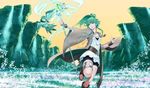  bad_id bad_pixiv_id cliff cloak duel_monster fingerless_gloves flower gloves green_hair gusto_gulldo jewelry necklace oomii_(f.style) ponytail shorts staff wind winda_priestess_of_gusto yuu-gi-ou 