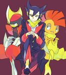  bisharp blue_eyes drawr elite_four gen_5_pokemon giima_(pokemon) pokemon pokemon_(creature) pokemon_(game) pokemon_bw purple_background scarf scrafty shouji_ni_nanshi sitting smile 