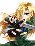 bad_id bad_pixiv_id bayonet blonde_hair blue_eyes dress fingerless_gloves frown gloves hair_over_one_eye highres ib knife long_hair mary_(ib) reverse_grip rff_(3_percent) simple_background solo weapon white_background 