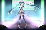 39 ahoge anklet aqua_eyes aqua_hair boots elbow_gloves floating_hair gloves hatsune_miku high_heels highres jewelry kaiyi long_hair microphone microphone_stand mikupa open_mouth shoes skirt solo thigh_boots thighhighs twintails very_long_hair vocaloid wings 