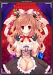  2012 argyle argyle_background artist_name black_gloves blush border breasts brown_hair cleavage dress food fruit gloves hair_ribbon holding large_breasts long_hair looking_at_viewer mitha original red_eyes ribbon solo star strawberry 