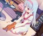  :d animal bad_id bad_pixiv_id bag bench blue_hair blush cat choker dress food glass gloves hairband long_hair magellan_(zpolice) open_mouth original plate red_eyes ribbon_choker sign smile solo squatting zpolice 