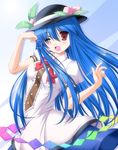 blue_hair food fruit hat heart highres hinanawi_tenshi long_hair nori_tamago one_eye_closed open_mouth peach red_eyes skirt smile solo touhou 