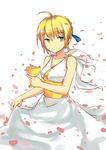  ahoge alternate_costume artoria_pendragon_(all) blonde_hair cuts dress fate/zero fate_(series) goblet green_eyes hair_ribbon injury mushiboy petals ribbon saber solo 