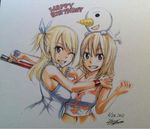  2012 2girls blonde_hair breast_press breasts creator_connection crossover dated elie fairy_tail large_breasts lucy_heartfilia mashima_hiro midriff multiple_girls plue rave rave_master signature smile symmetrical_docking tonfa weapon wink 