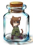  animal_ears brown_hair cat_ears cat_tail cork hair_ornament hairclip helvetian_military_uniform in_container jar jiang-ge kemonomimi_mode military military_uniform solo sora_no_woto sorami_kanata tail uniform yellow_eyes 